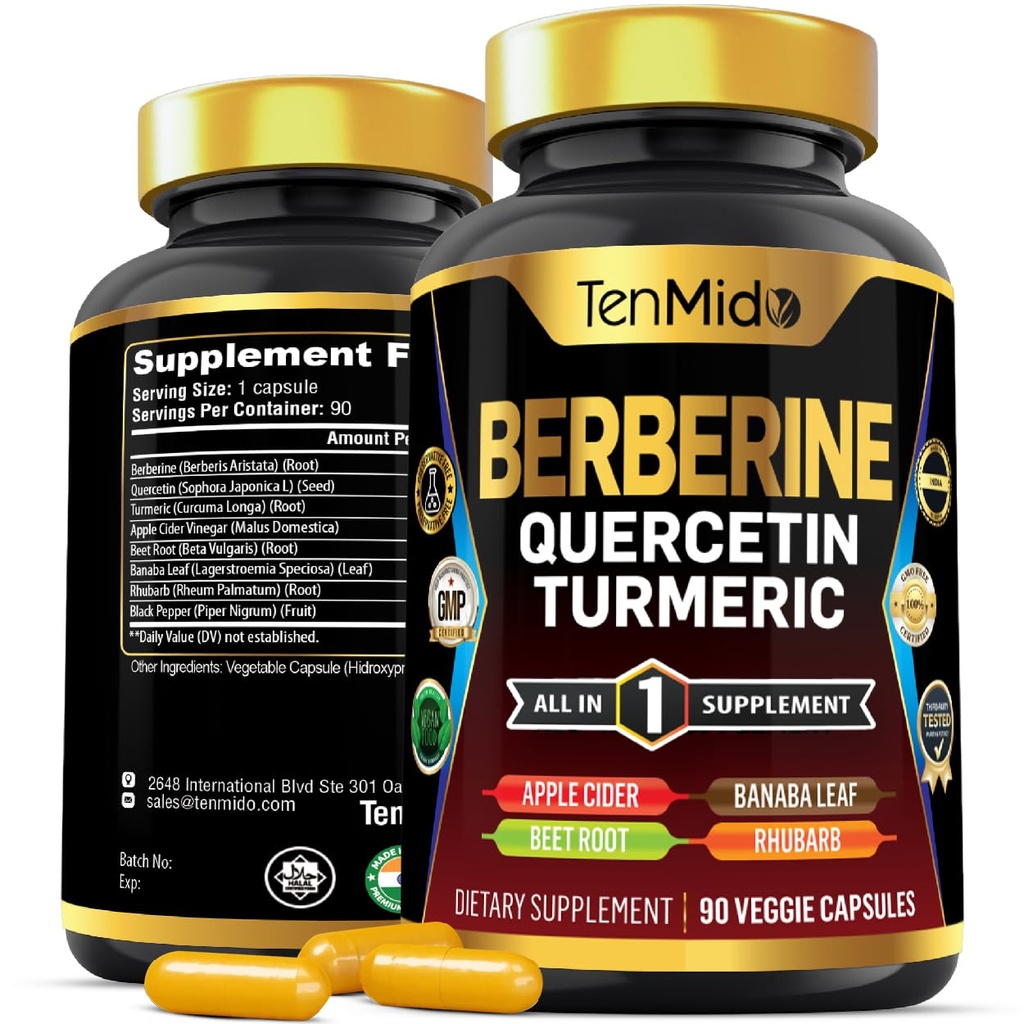 Berberine Supplement za moške in ženske, 8 v1 Formula s Quercetin, Kurkuma, Apple Cider Vinegar, Beet Root & More - Prebavna, Imunska podpora - bogata z hranili - 90 kapsul