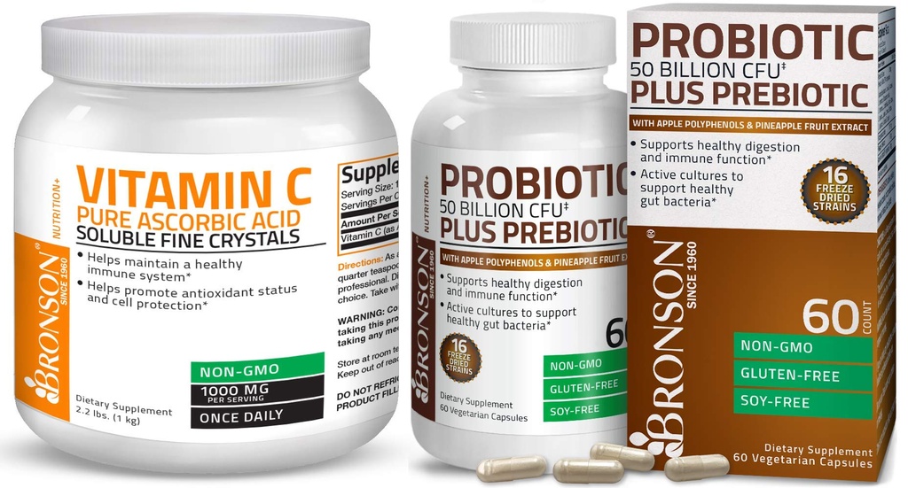 Bronson probiotik 50 milijard CFU + prebiotik z izvlečkom jabolknih polifenolov in ananasovega sadja Vitamin C v prahu Čista askorbinska kislina Topen fini ne gensko spremenjeni kristali