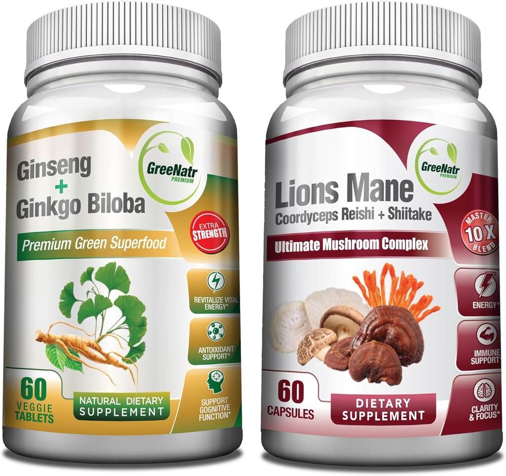 GreeNatr Gobe dopolnilo, 10-v-1 Mešanica z Lions Mane, Cordyceps, Shiitake, Chaga,Turčija rep, v kombinaciji z našo energijo in Brain Focus naravna Booster ginseng korena in Ginkgo Biloba