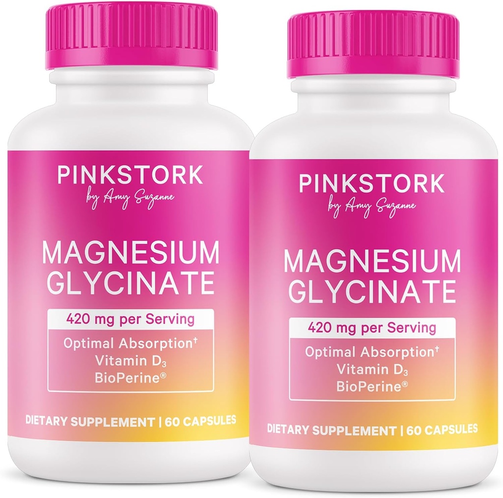 Pink Stork Magnezij Glicinat z vitaminom D - Magnezij dodatek za ženske v podporo naravni mir - 2 Pack