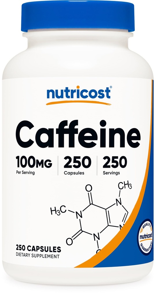 Nutricost tablete kofeina 100 mg na obrok, 250 kapsul