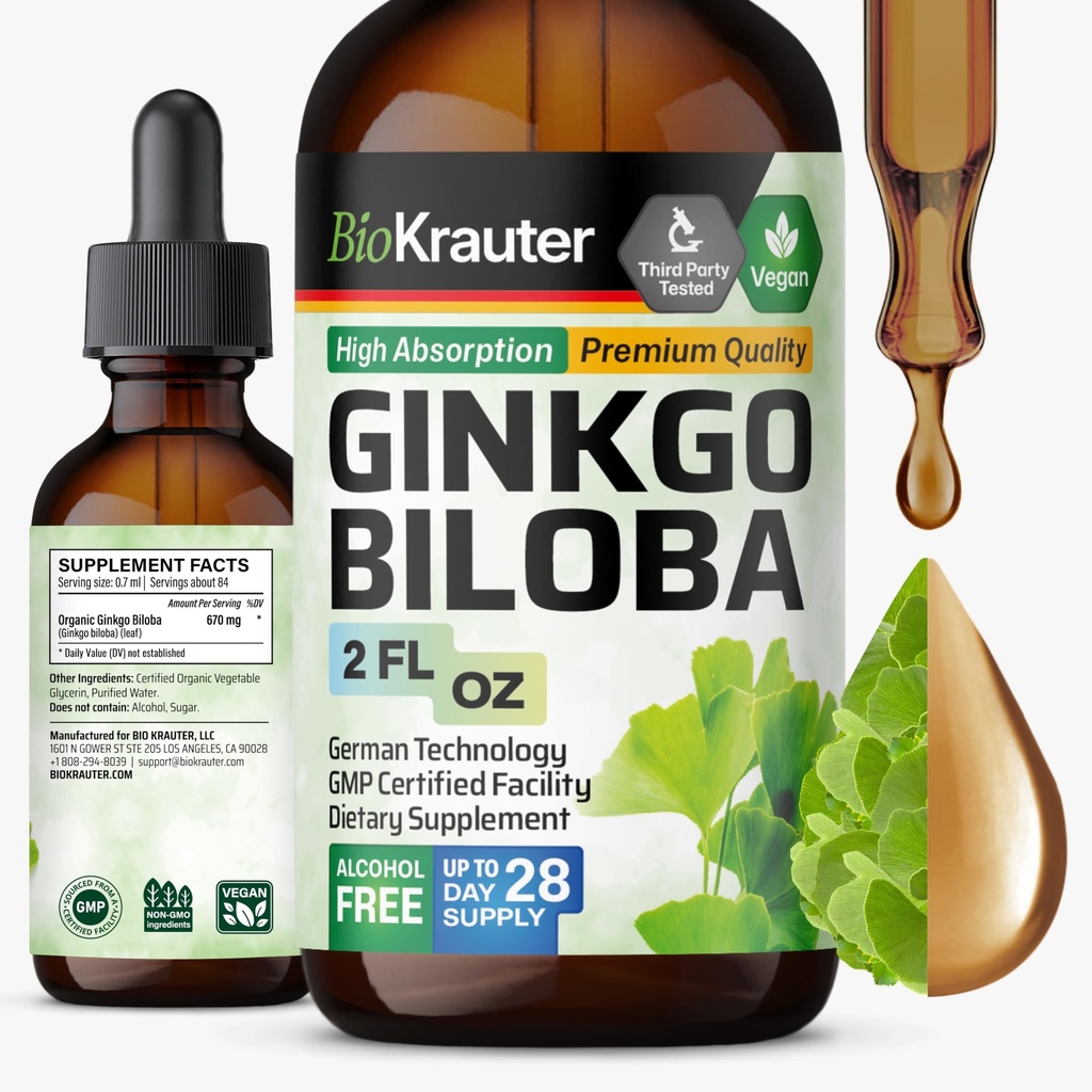 BIO KRAUTER Ginkgo Biloba Extract - Tekoči Ginkgo Biloba Dodatki za možgane - Vegan, Alkohol in sladkor brez - 2 Fl Oz