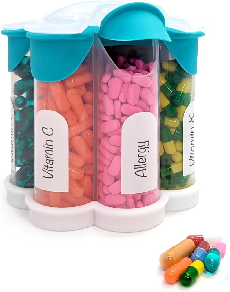 Ekstra velike tablete Organizator vsak dan, Tedensko, Mesečna dopolnila steklenica, Cute Blossom tabletke Dispenser s 7 XL predelki, Easy-Open Pill Box za vitamine, Zdravila, oznake vključeni (Teal)
