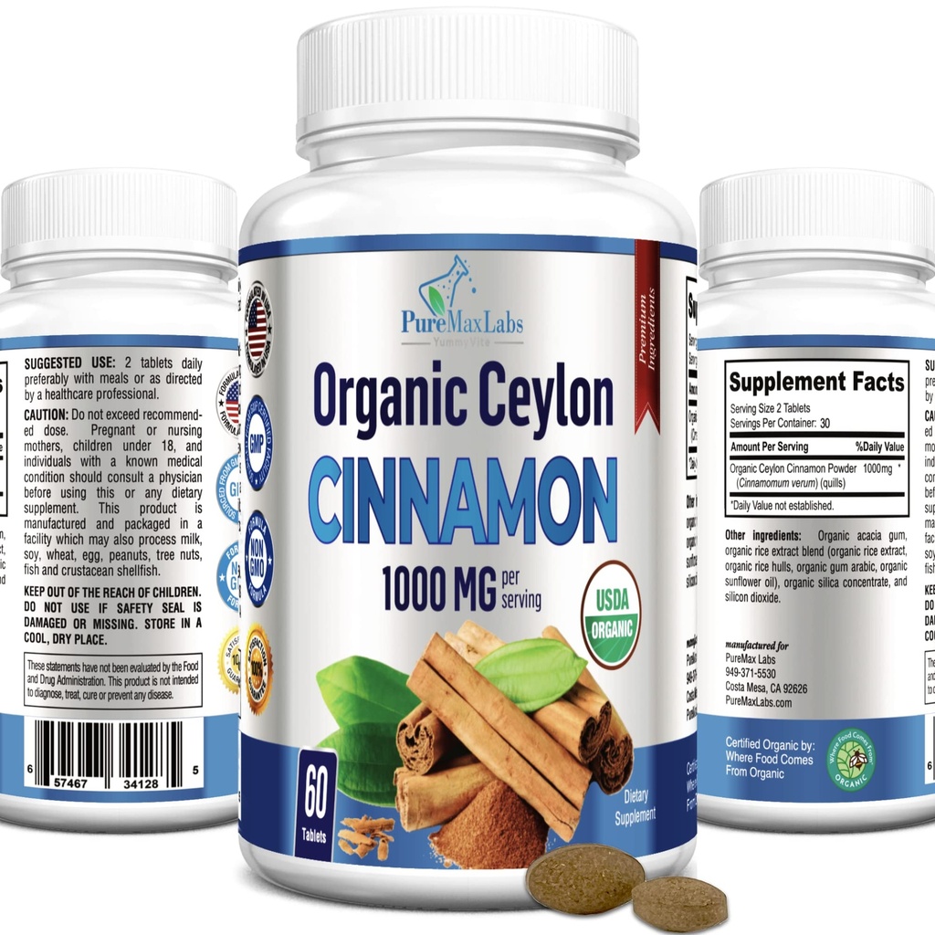 Organski cimet Ceylon - 1000mg na postrežbo, Certified Organic True Cinnamon dodatek, antioksidant, hitra absorpcija - 60 tablet