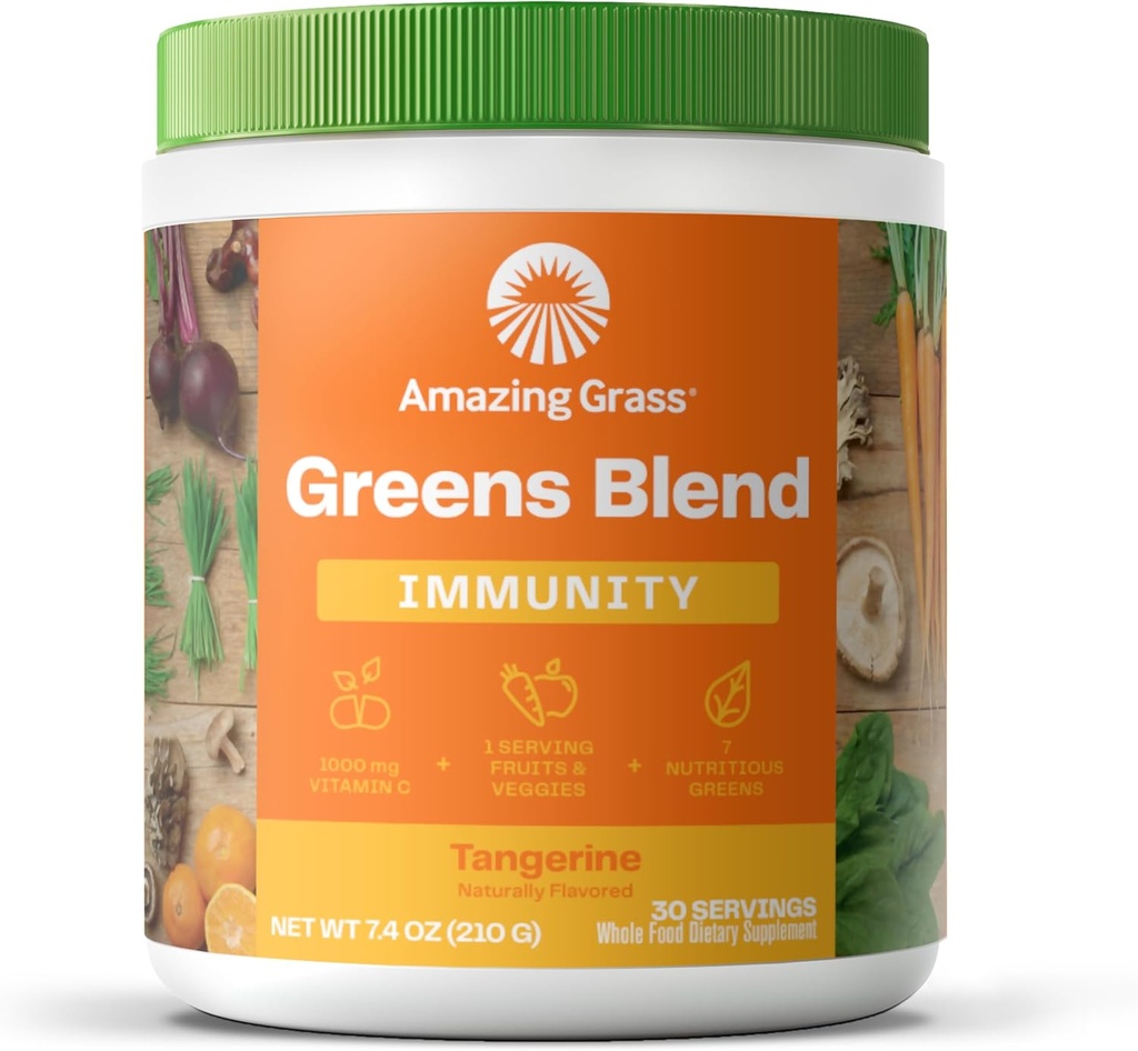 Neverjetna trava Zelena Superživila Imuniteta: Super Zeleni powder z vitaminom C, Cordyceps, Beet Root Powder & Reishi Gobe, Tangerine, 30 Servinges