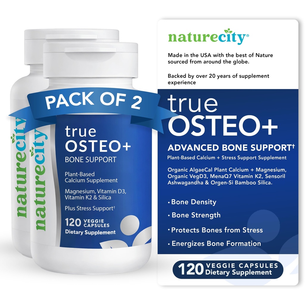 NatureCity True-Osteo+ Podpora za kosti z Ashwagandha – za moč in gostoto – na rastlinah osnovan kalcij z organskimi algeCal, magnezij, vitamin D3, K2, Silicijev in stres podporo 