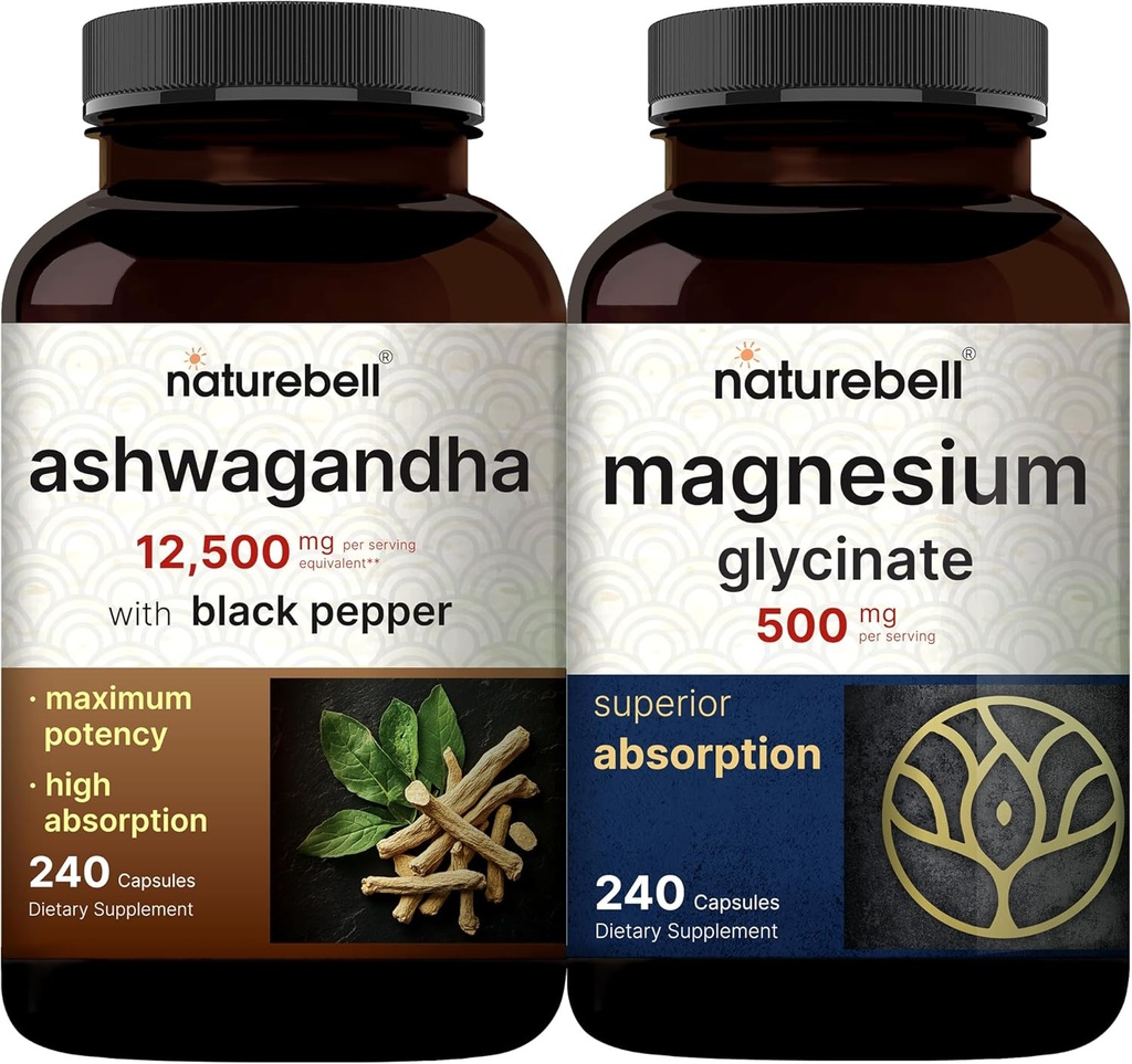 NatureBell Magnezij Glycinate Kapsule 500mg & Ashwagandha 12.500 mg Enakovreden s paketom črnega popra 