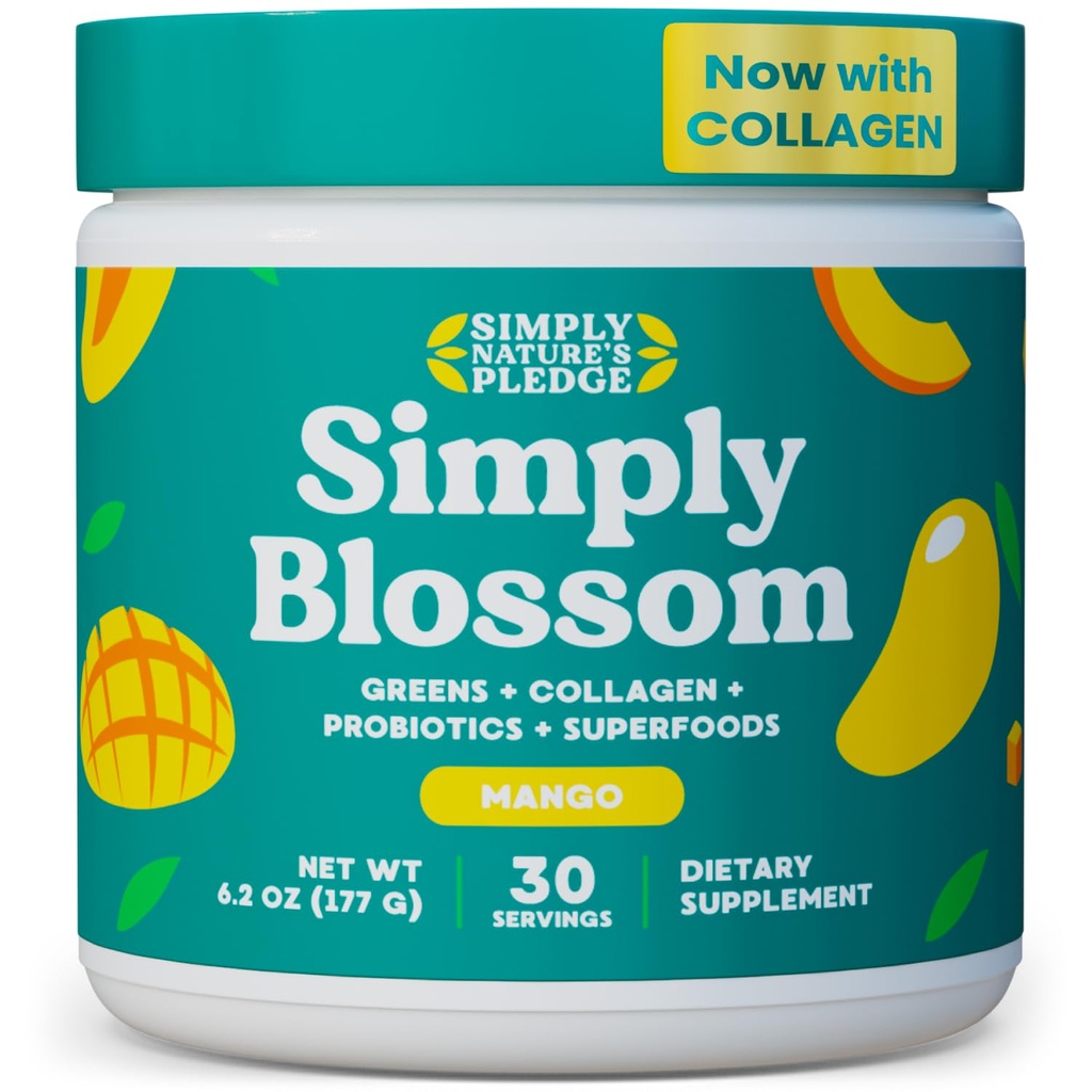 Preprosto Blossom Nutrition Daily Greens & Superfood Powder + kolagen + probiotiki za žensko prebavno zdravje in napihnjenost. Pomoč vaše zdravje Bloom - 30 dan dobave - Mango