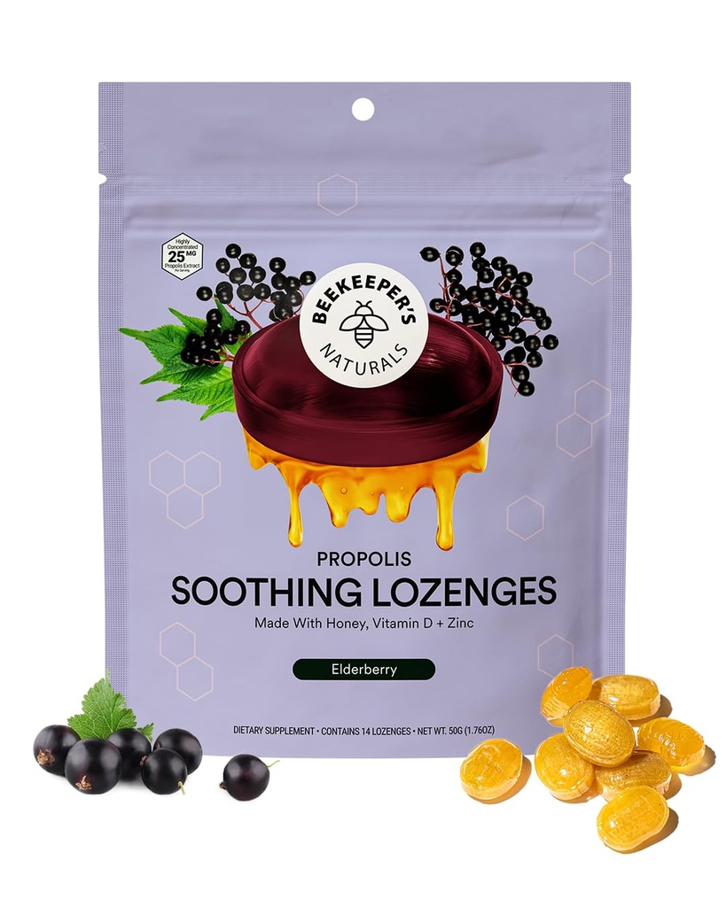 Beekeeper's Naturals Pomirjujoče Medene Bederberry Kašelj Kapljice Imunska podpora z vitaminom D, cink in Propolis Pomirjujoče Lozenges, 14 Ct