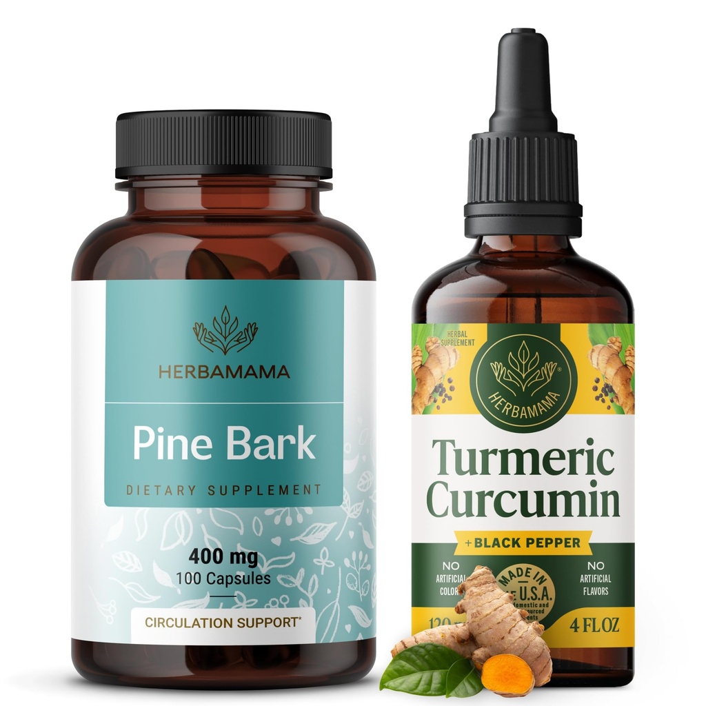 HERBAMAMA Kurkuma ekstrakt in Pine Bark Kit - paket 400 mg francoskih pomorskih kapsul in kurkuma ekstrakt Tinktura 2 fl oz - Vegan, Non-GMO, Sugar & Alkohol-free - 2 paket