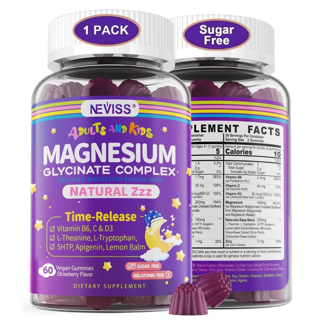 Magnezij Glycinate Gumies za odrasle & otroke 4+, Sugar Free Magnezijev Biglicinat dodatek 400/200mg z B6D3, 5HTP, L-teanin za spanje in sprostitev, možgani, mišice, Melatonin brez Gumies,1Pack