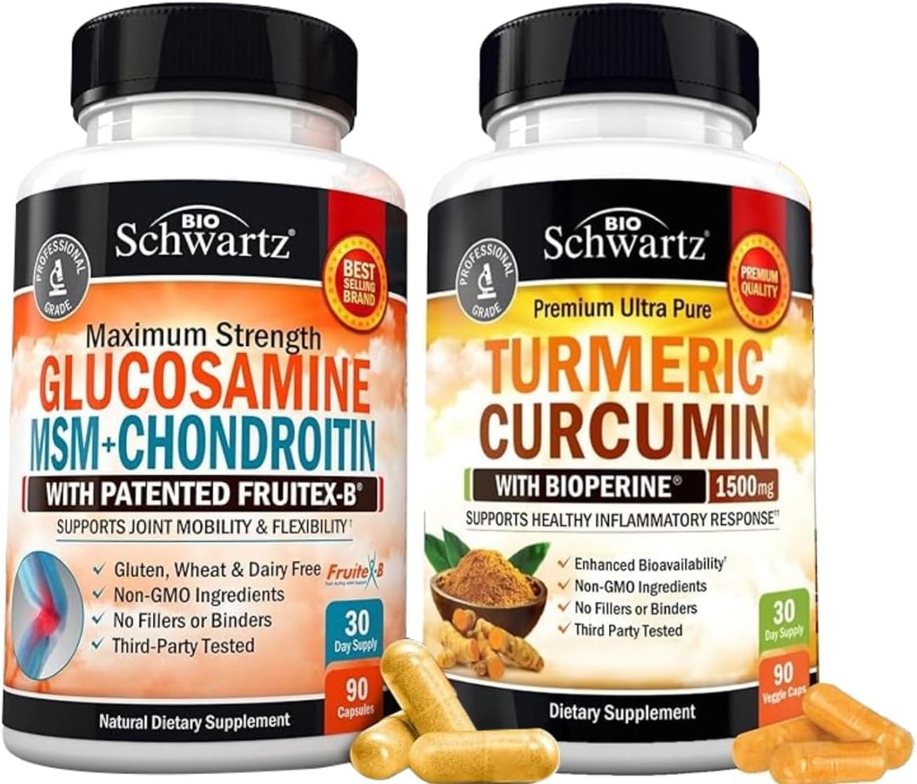 BioSchwartz Kurkumin z izvlečkom črnega popra 1500mg kompleks (1 mesec oskrbe) Plus Glukozamin Chondroitin MSM Trojna moč Skupna podpora dodatek (1 mesec oskrbe)
