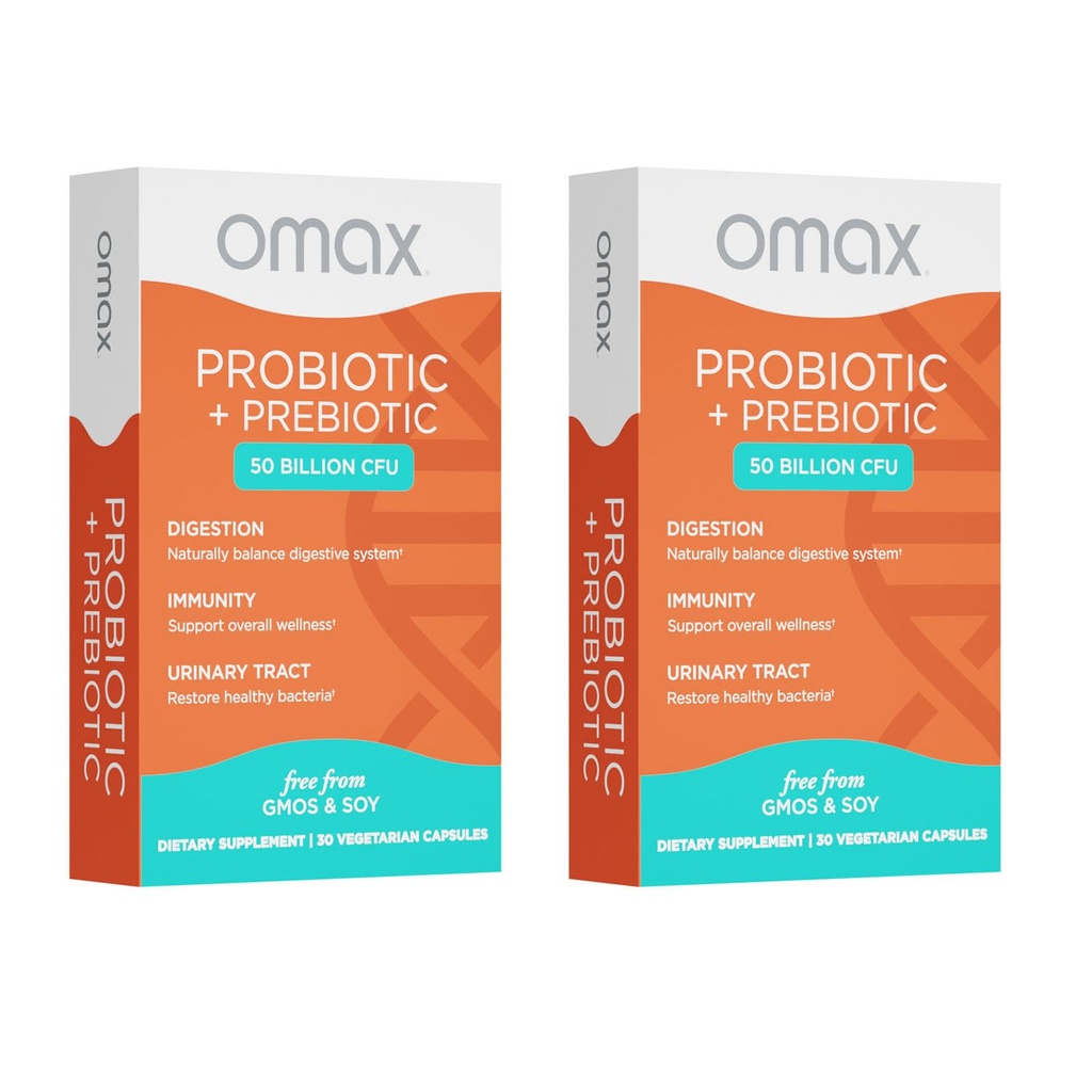 Omax3 Prebiotik in probiotik 50 milijarda CFU + inulin cikorija, 10 sevov, zmanjšanje napihnjenosti, prebava, SIBO, Leaky Gut, vaginalni pH, acidofil, vegan, brez mleka, brez glutena, pretisni omot (2 pakiranji)