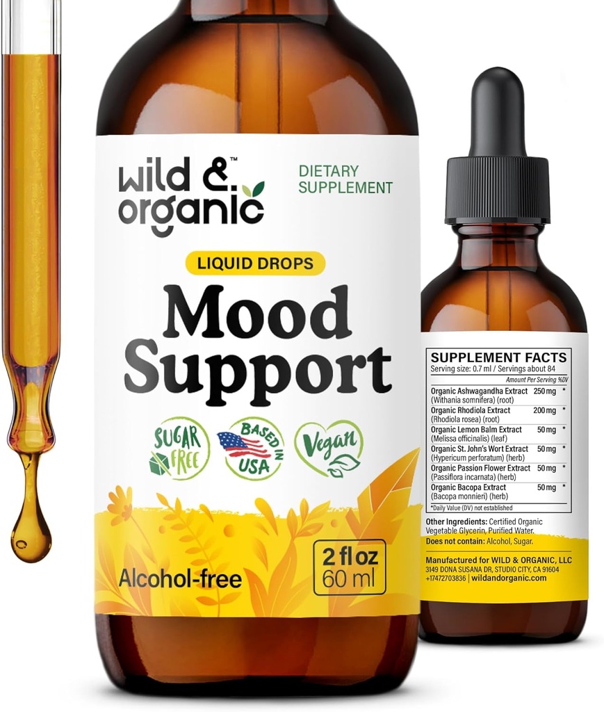 Wild & Organic Mood podpora kapljice - Dober Mood dodatki w/Ashwagandha Root & Rhodiola Rosea - Naravne tekoče kapljice za pozitivno energijo - Pomirite in sprostite dodatki za ženske in moške - 2 oz