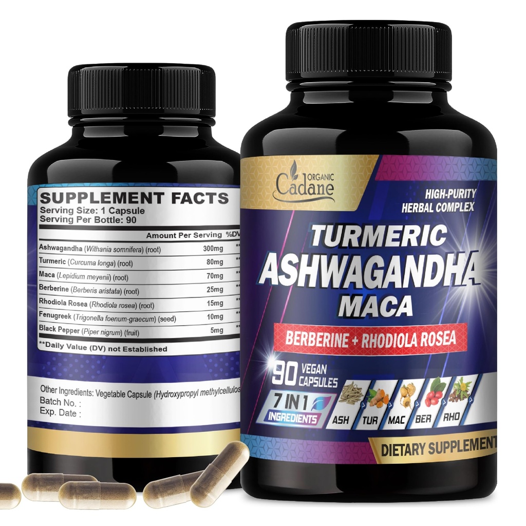 Organic Cadane Ashwagandha dodatki - spomin, imunski sistem in podpora za moč - 7v1 Koncentrirana s kurjavo, Maca Root, Berberine & More - 90 Veganske kapsule za 3-mesečno oskrbo
