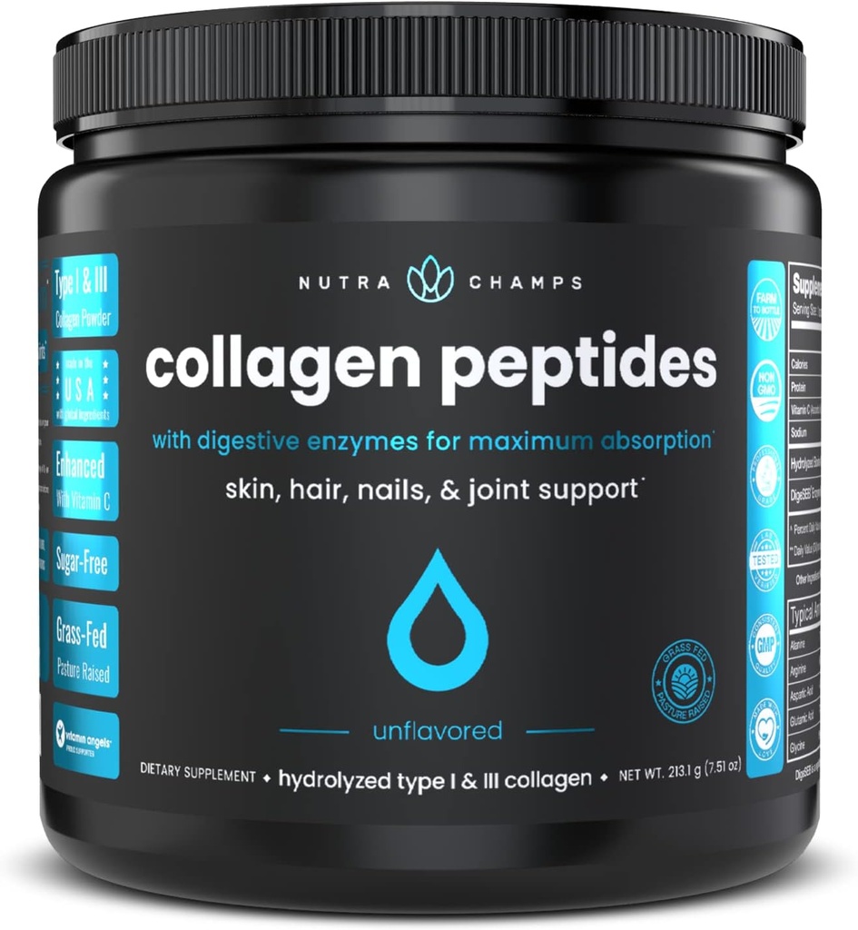 Kolagen peptidi v prahu - Izboljšana absorpcija, dvojno hidroliziran, travna krma, ketoprotein v prahu z vitaminom C - Premium dodatek za rast las, kožo, nohti, sklepi in kosti, brez arome