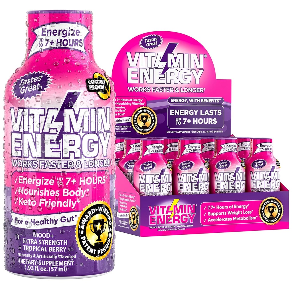 Vitamin Energy Mood+ Energy Shot – Tropical Berry – 100% DV B-Vitamini & 260mg Rastlinsko-bazen Kofein – Nič kalorij, Sugar-free, Vegan, Non-GMO – Mood & Energy Support – 1,93 fl oz, 12-Pack
