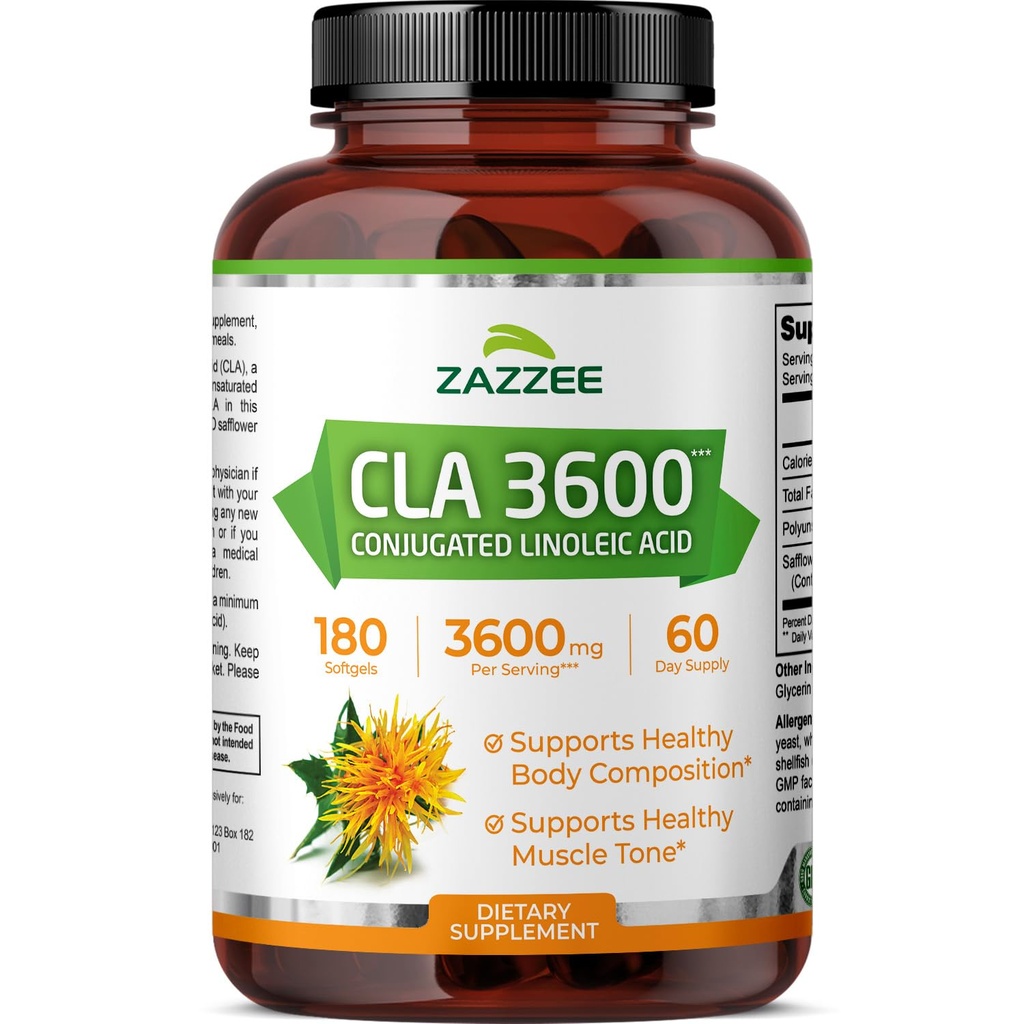 Zazzee High Potency CLA 3600, 180 Softgels, 3600 mg na serviranje, konjugirana linolna kislina iz žafranike olje, koncentrirano in standardizirano, 60 dan dobave, ne-GMO in Made v ZDA