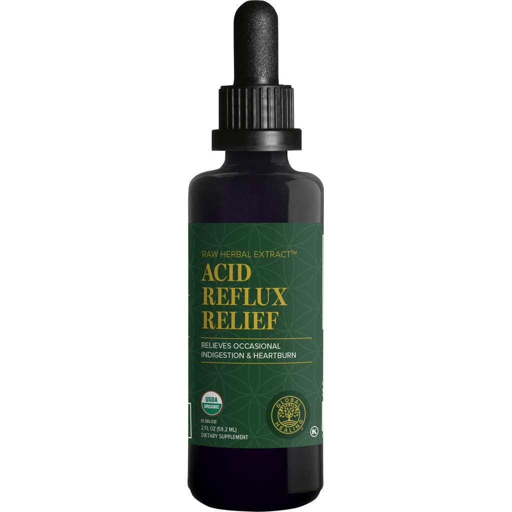 Global Healing Acid Reflux Relief Organic Liquid Supplement W/Slippery Elm - Pomaga vznemiriti želodec, zgago, prebavne motnje - Podpira obrambo telesa pred prebavnih vprašanjih - 2 Fl oz