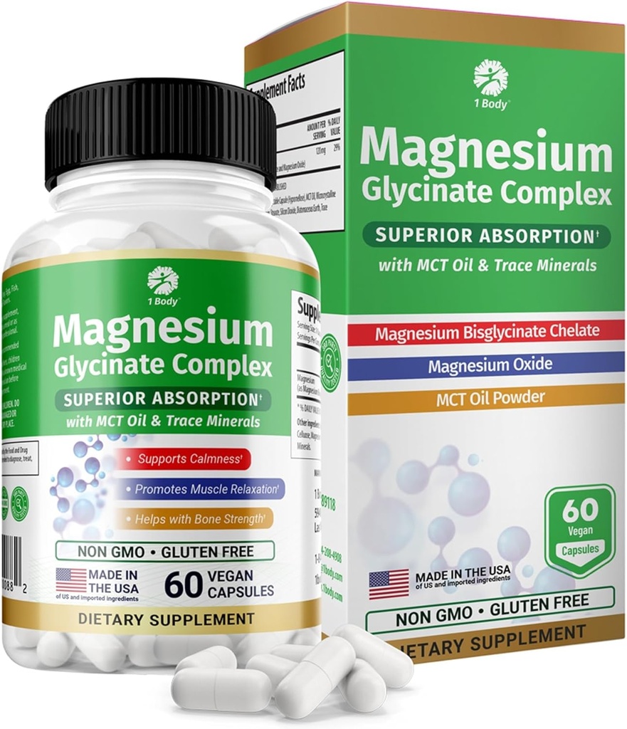 1 Body Magnezij Glycinate Complex, visoka absorpcija Magnezijev dodatek za mirno, sprostitev mišic in zdravje kosti, Vegan z MCT oljem in trace minerali, Non-GMO, 60 kapsule
