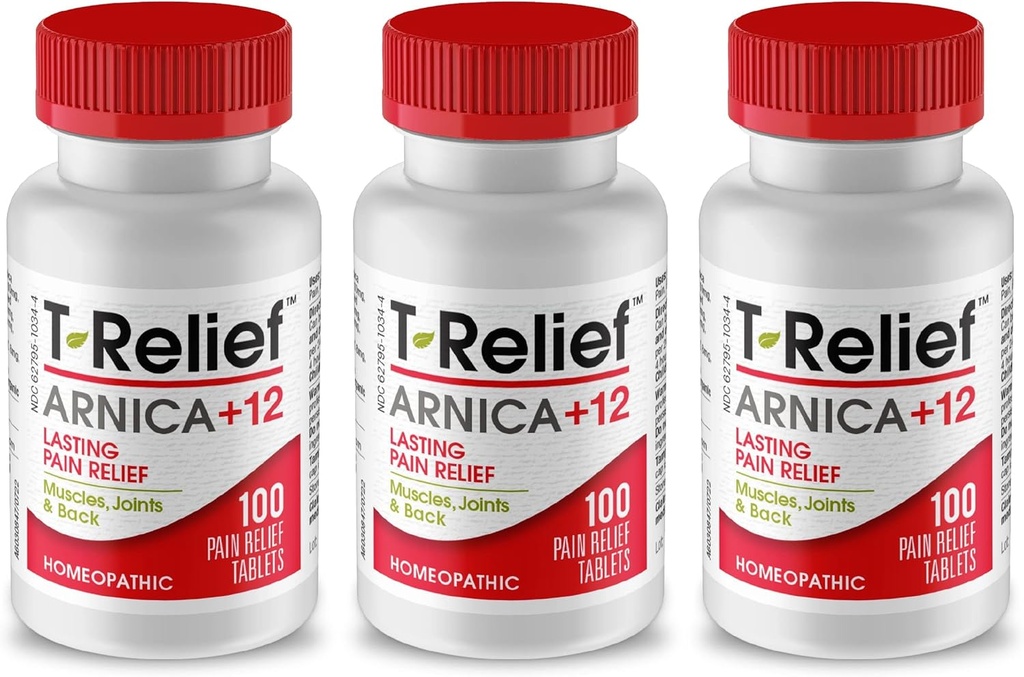 T-relief Arnica +12 Naravno lajšanje aktivnosti za bolečine v hrbtu bolečine v mišicah bolečine v mišicah in kompatibilnost, celotno telo hitro deluje olajšava za ženske in moške - 100 tablet (3 paket)