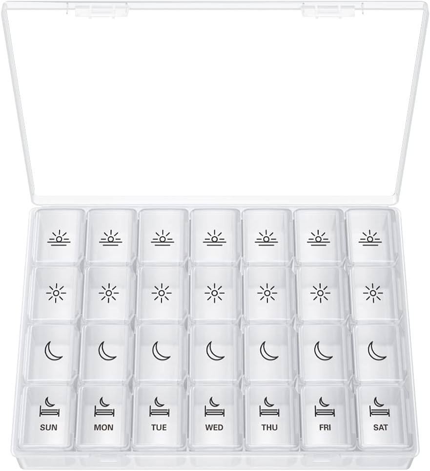 XL tablete Organizator 4 krat na dan, BUG HULL Extra velike tedenske tablete Box Case, 7 Day Vitamin Container Dnevne tablete Imetnik za trsko olje, vitamini, dodatki (bela)