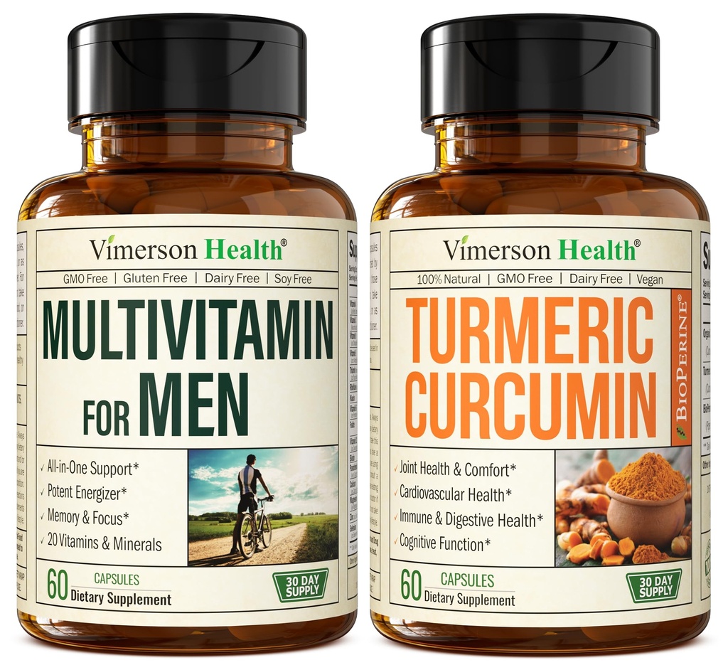 Vimerson Health Men's Multivitamin + Kurkumin s črnim pepper Extract Bundle. Skupna in imunska podpora, nelagodje, antioksidant lastnosti za njega