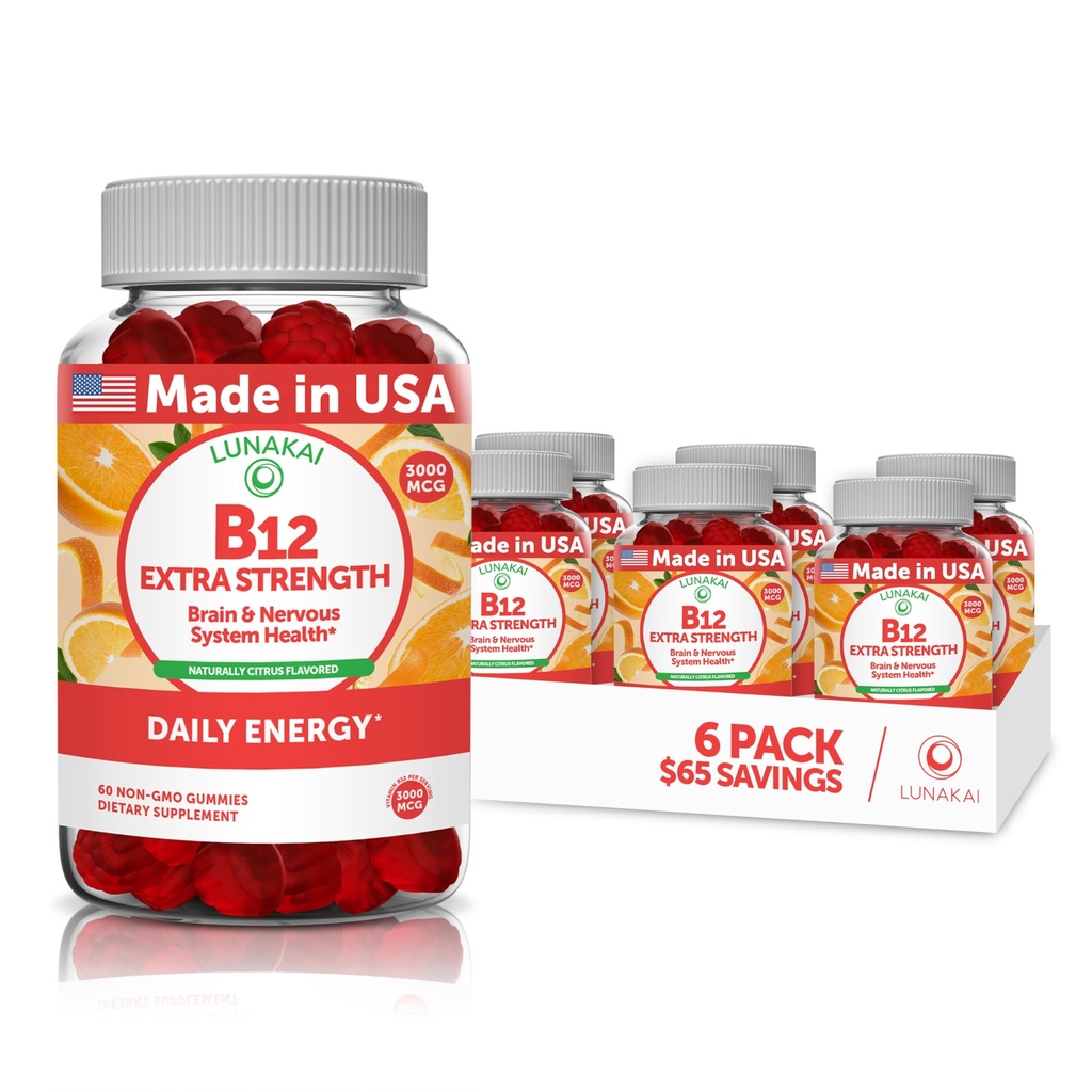Vitamin B12 Gumiji za odrasle - najbolj okusna Lastniška formula - 3000mcg Metil B-12 Visoka absorpcijska energija Gumiji - Ne-GMO Vegan Vit B12 - Žvečljiva B 12 za energetsko podporo in zdravje kosti - 6 Pack