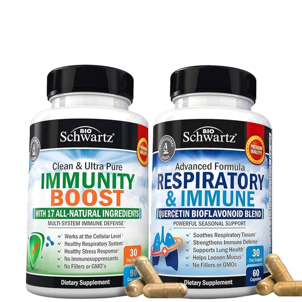 BioSchwartz Respiration & Imunska pljučna podpora dodatek s Quercetin (1 mesec oskrbe) Plus 17 v 1 Imunska podpora dodatek z antioksidanti (1 mesec oskrbe)
