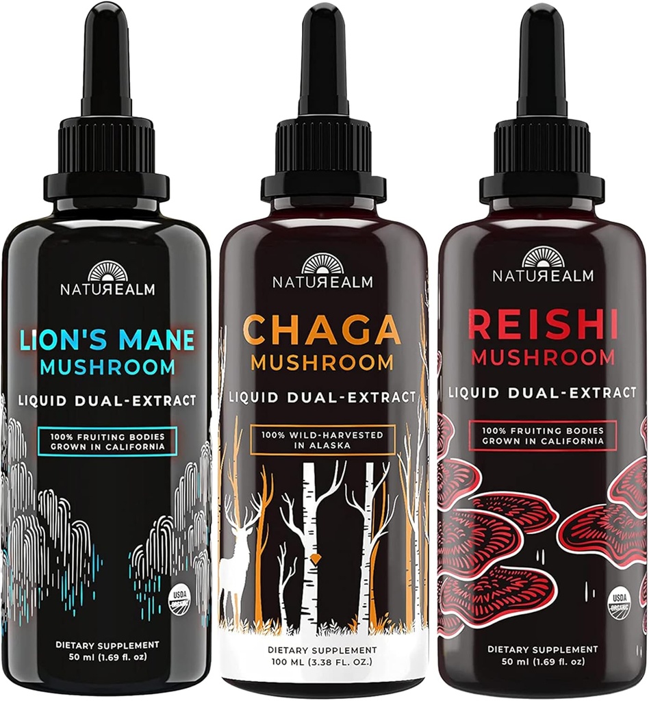 Naturealm Lion's Mane, Reishi, & Chaga Gobe Extract - Adaptogen Stack za fokus, Immuniteta, Dolgoživost, Gut Health, Anti-Aging, Energy, Healing, & More - Organske tekoče kapljice - 50 ml Vsak (3 paket)