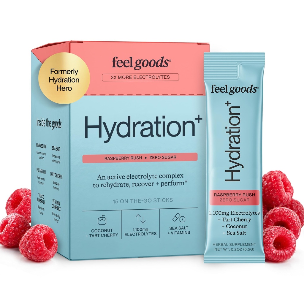 Feel Goods Hidracija Hero, 1.000mg Elektroliti v prahu, Sladkor brez, Magnezij, Organic Aloe Vera, L Theanine, Vitamin C & B12, Keto, Vegan, Elektrolitski paketi, Modra malina, 15 Štetje