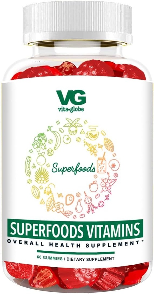 VITA GLOBE Superfood Gummy Vitamini – Imunsko zdravje in antioksidant podpora – Dnevni Wellness Gumies za odrasle in otroke – Vegan, Non-GMO, Gluten brezplačno Superfood dodatek – 60 Count