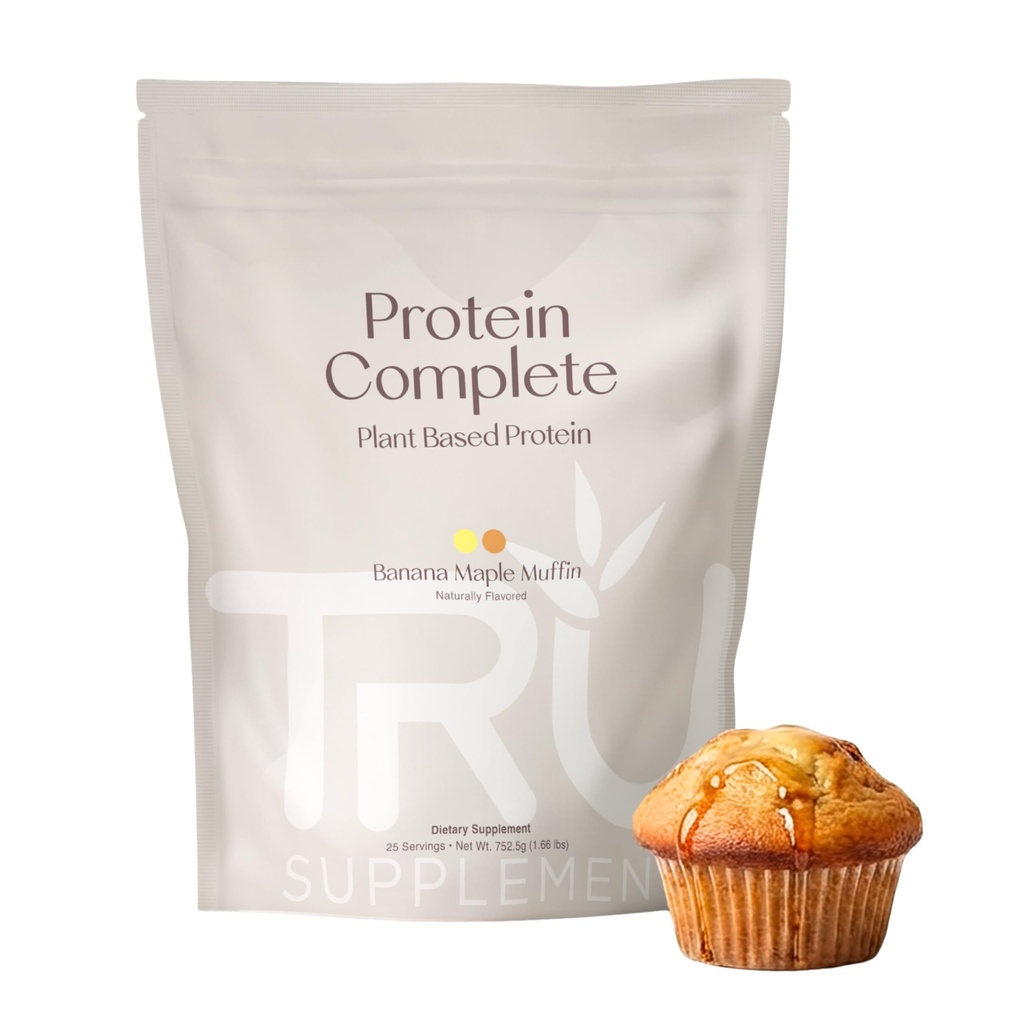 Dodatki TRU Proteini na osnovi rastlin, BCAA, EAA, 20g Veganski Rjavi riž & Pea Proteini, 100 kalorij, 27 vitaminov, brez umetnih arom 25 Servisi (Banana Maple Muffin)