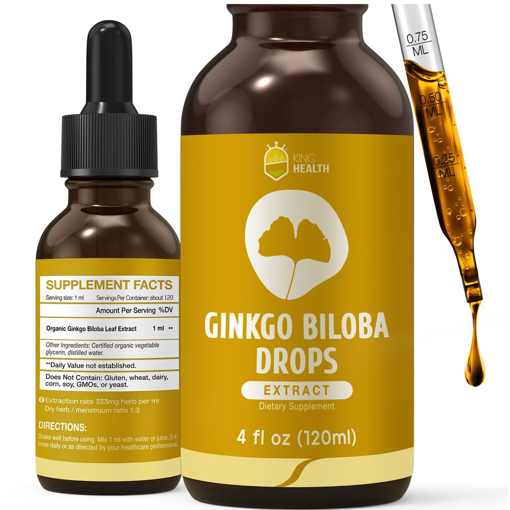 Organski Ginkgo Biloba Extract Tekoči dodatki, Brain & Focus Support, 98% Absorpcija, Vegan, Non-GMO, Alkohol & Gluten Free - 4 Fl Oz