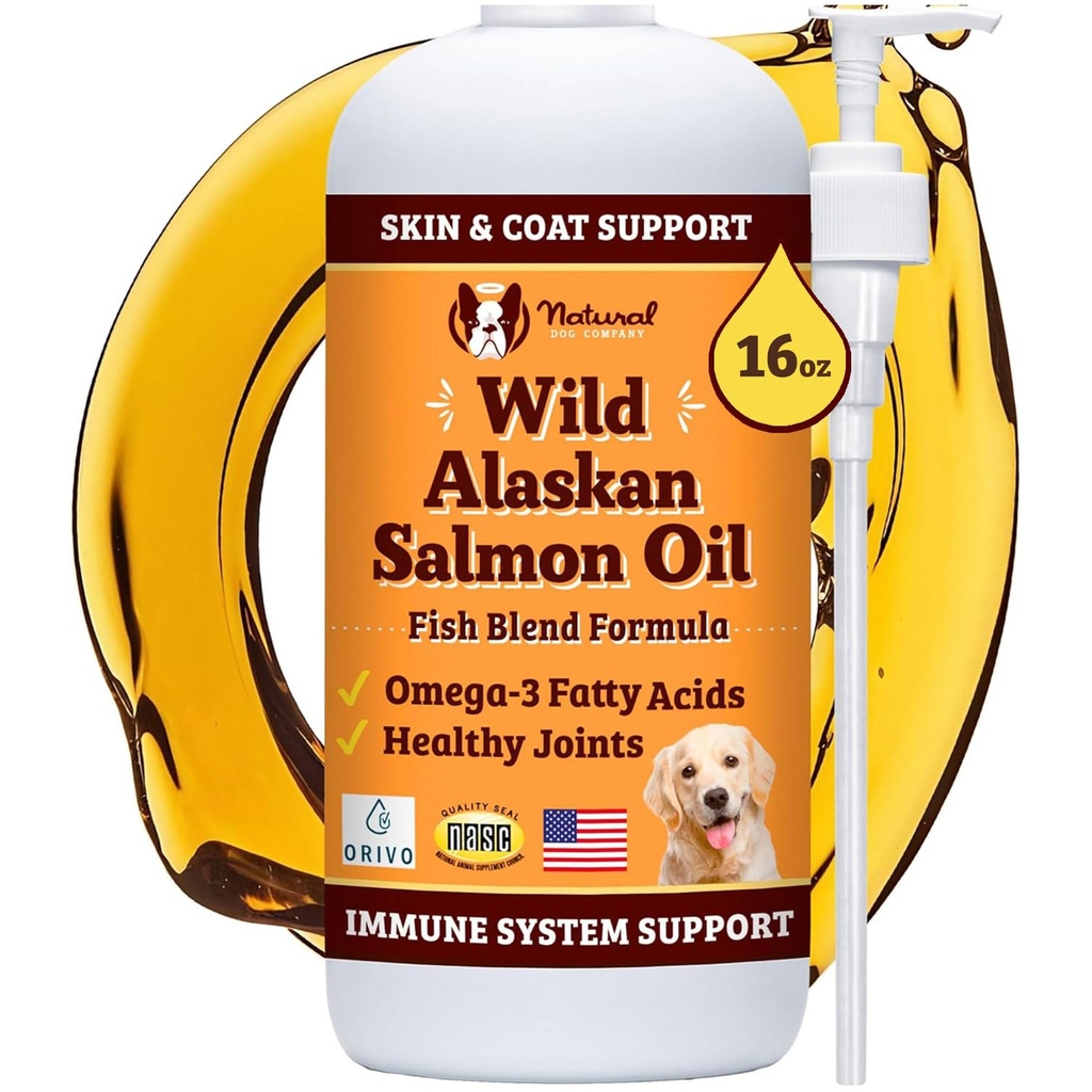 Natural Dog Company Wild Alaskan Salmon Oil Formula with Omega 3, Fish Oil for Dogs Supplement, Skin & Coat Dog Oil, Itchy Relief, Immune Support for Joints & Heart, Liquid Food Topper, 16 oz.