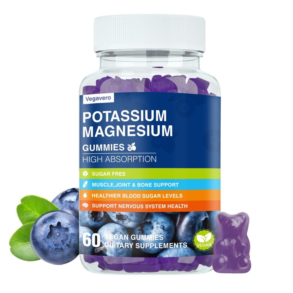 Magnezij Kalijev dodatek Gumies - visoka absorpcija Miran Magnezij Glicinat & Kalijev Citrat Plus Koencim Q10, DHA, D3, Mineral & Kalcij za Zzz, Kramps in mišice - 60 borovnic