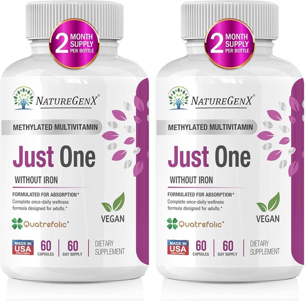Samo en dnevno metilirani multivitamin z metil B12, Quatrefolic metilfolat, Pure MTHFR dodatek za moške in ženske brez železa, 2 steklenice (60 Veganske kapsule), ZDA-Made
