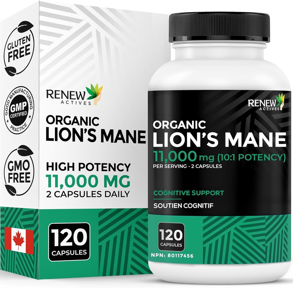 Renew Actives Premium Organic Lion's Mane Goba 1100MG na 2 kapsuli - podpira delovanje možganov, spomin, fokus, Stres Relief & Imune Health, Non-GMO, Vegan - Izdelano v Kanadi - 120 kapsul