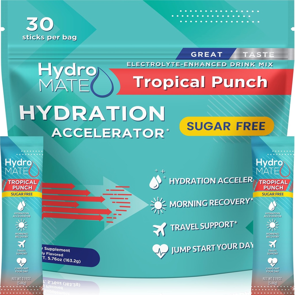 Elektrolit v prahu Hidracija brez sladkorja Packets Tropical Punch HydroMATE 30 palice
