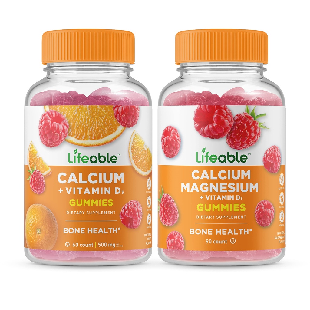 Življenjski kalcij z vitaminom D + kalcij Magnezij, Gummies Bundle - odlično degustacijo, vitaminski dodatek, brez glutena, brez GSO, žvečljivi