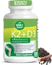 K2 D3 Vitaminska dopolnila z BioPerinom - veganski kalcij z vitaminoma K in D - napredni D3K2 VIT 5000 i.e. - 60 Vegan D3 Plus K2 MK-7 kompleksne prehranske kapsule za zdravje srca in kosti (1