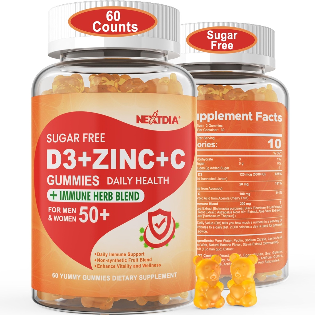 Brez sladkorja Vitamin C + D3 + Cink Gumiji za odrasle 50 +, 9 v 1 Imunska obramba dodatek z D3 5000IU, Elderberry, Echinacea, Mullein List za povečanje imunitete, moč antioksidant, Vegan (Pack of 1)