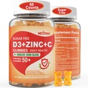 Brez sladkorja Vitamin C + D3 + Cink Gumiji za odrasle 50 +, 9 v 1 Imunska obramba dodatek z D3 5000IU, Elderberry, Echinacea, Mullein List za povečanje imunitete, moč antioksidant, Vegan (Pack of 1)