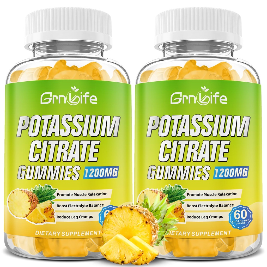 Kalijev citrat Gumies, visoko kalijev dopolnilo Gumies 1200mg Podpora Leg Cramps & Muscle Health, za odrasle in otroke, Vegan, Ananasov okus 120 Število