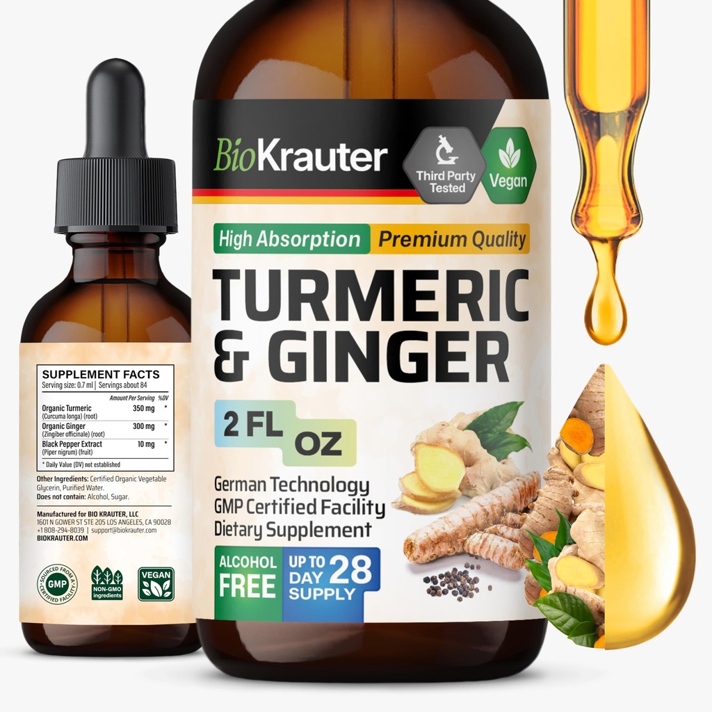 BIO KRAUTER Kurkuma in ingver dodatek Tinktura - Kurkumin imunske podpore kapljice - ingver ekstrakt s črnim poprom - Veganska Formula - 2 Fl.Oz.