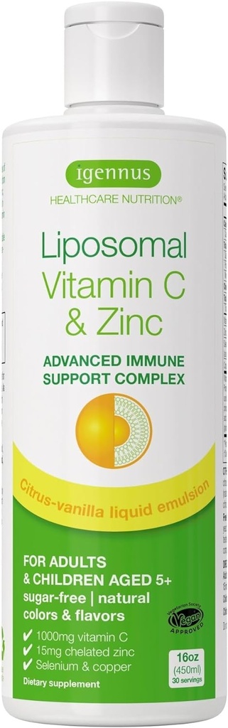 Visoka absorpcija Liposomski Vitamin C 1000mg & cinkov biglicinat, 30-90 Serving, Tekoča imunska podpora za odrasle in otroke 5+, Ne-GMO, brez sladkorja, Citrus & Vanilla Flavor, by Igennus