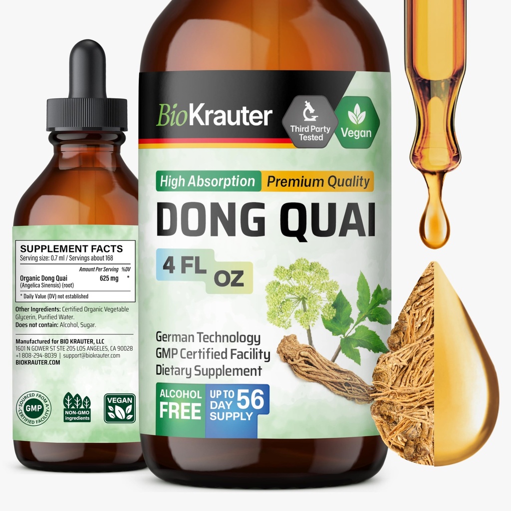 BIO KRAUTER® Menopause Dodatki za ženske* - Dong Quai Kapljice 4 Fl.Oz 56 Dnevi dobave - Vegan Angelica Root Tinkture za podporo Menopause - Alkohol in sladkor brez - Sprostitev in ženske Wellness