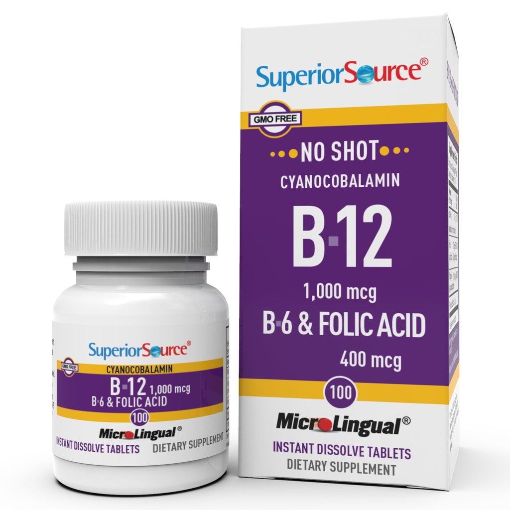 Superior vir No Shot Vitamin B-12 Cianokobalamin 1000 mcg, B-6, Folna kislina 400 mcg - Podpora zdravju možganov in srca - Aids Natural Energy Levels - 100 Podjezične tablete Raztapljanje