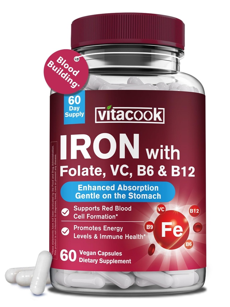 Železo dodatek za ženske in moške, železov bisglicinat z vitaminom C, B6, B12, Folat, Želodec prijazno, Nezaščiteni, Zdravje krvi in energijo Boost, 60 Veganske kape