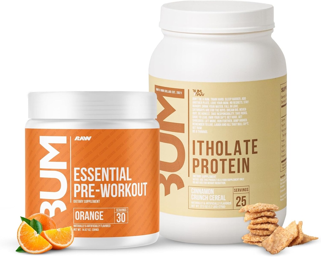 RAW Whey izolat beljakovin v prahu & Essential Pre-Workout Powder Bundel (Cinnamon Crunch & Orange) - Chris Bumstead Športna prehrana dodatek za moške in ženske